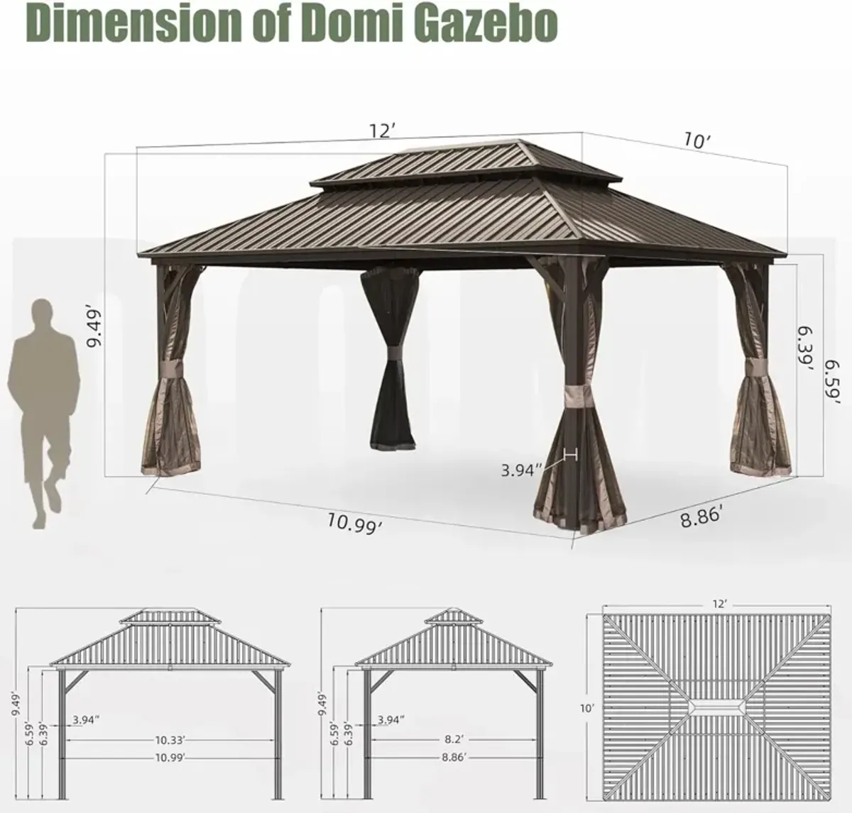 MONDAWE 10 x 12ft Patio Aluminum Frame Hardtop Gazebo Galvanized Steel Double Roof Curtain and Netting