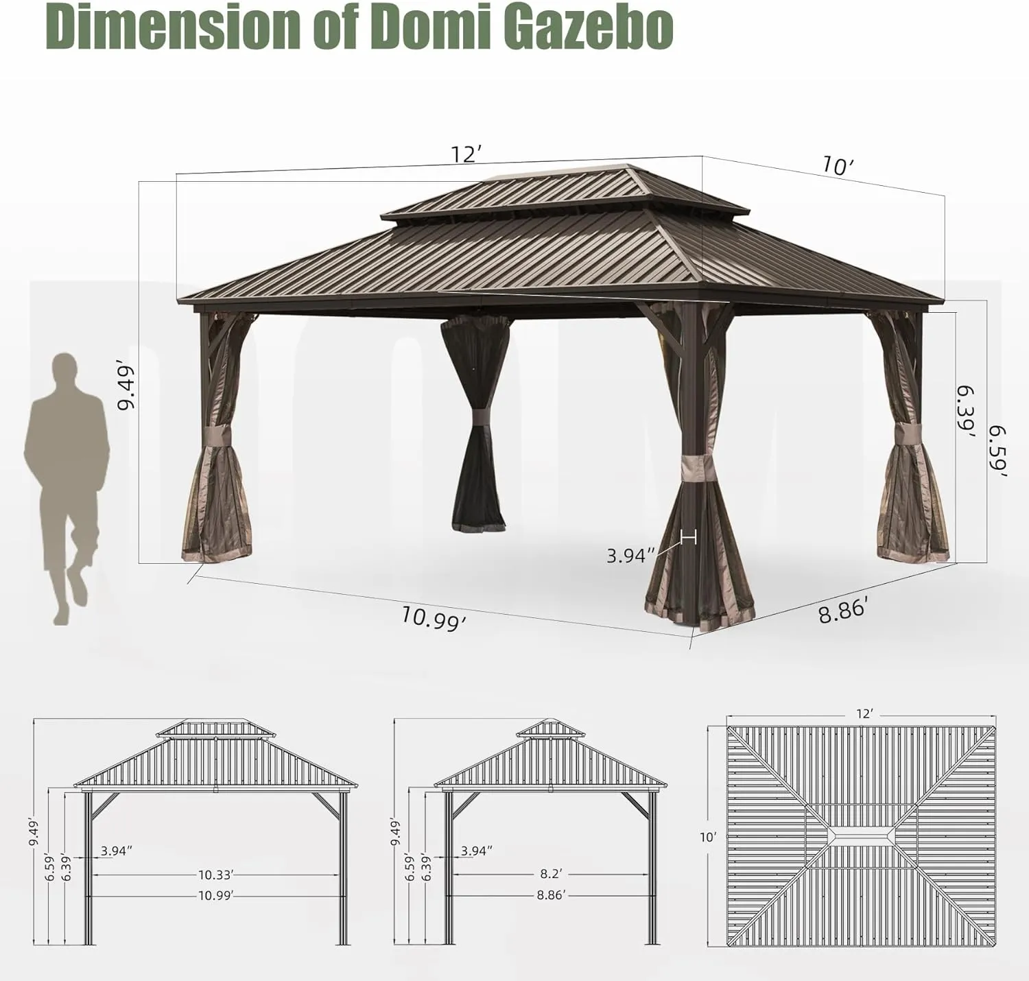 MONDAWE 10 x 12ft Patio Aluminum Frame Hardtop Gazebo Galvanized Steel Double Roof Curtain and Netting