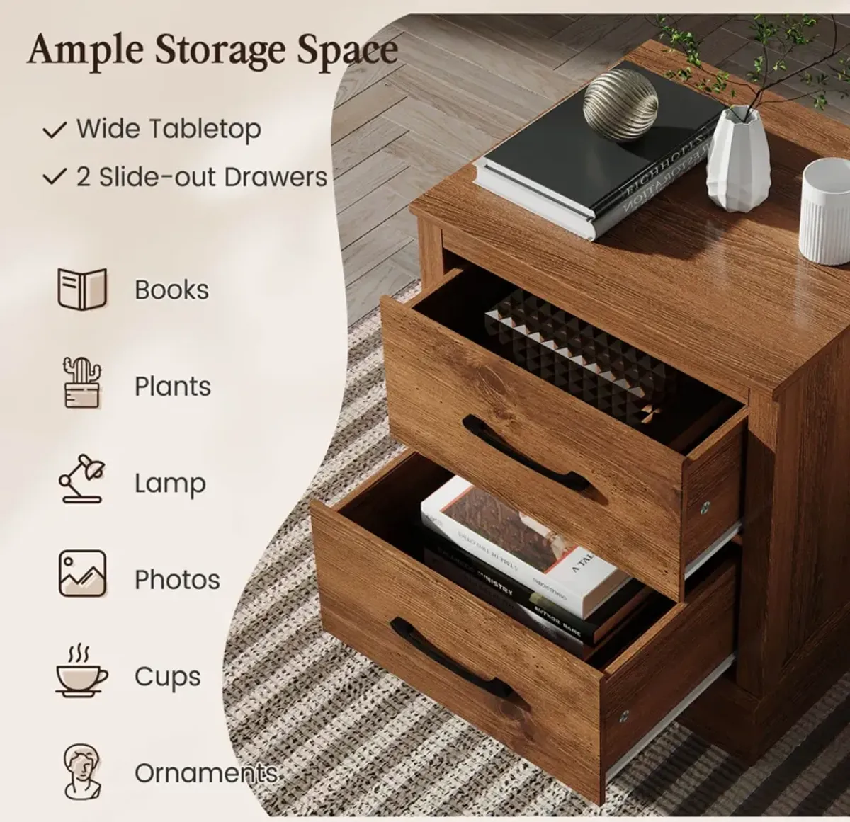 Wood Compact Floor Nightstand with Storage Drawers