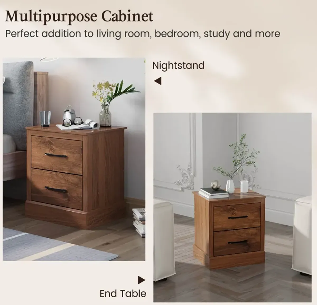 Wood Compact Floor Nightstand with Storage Drawers