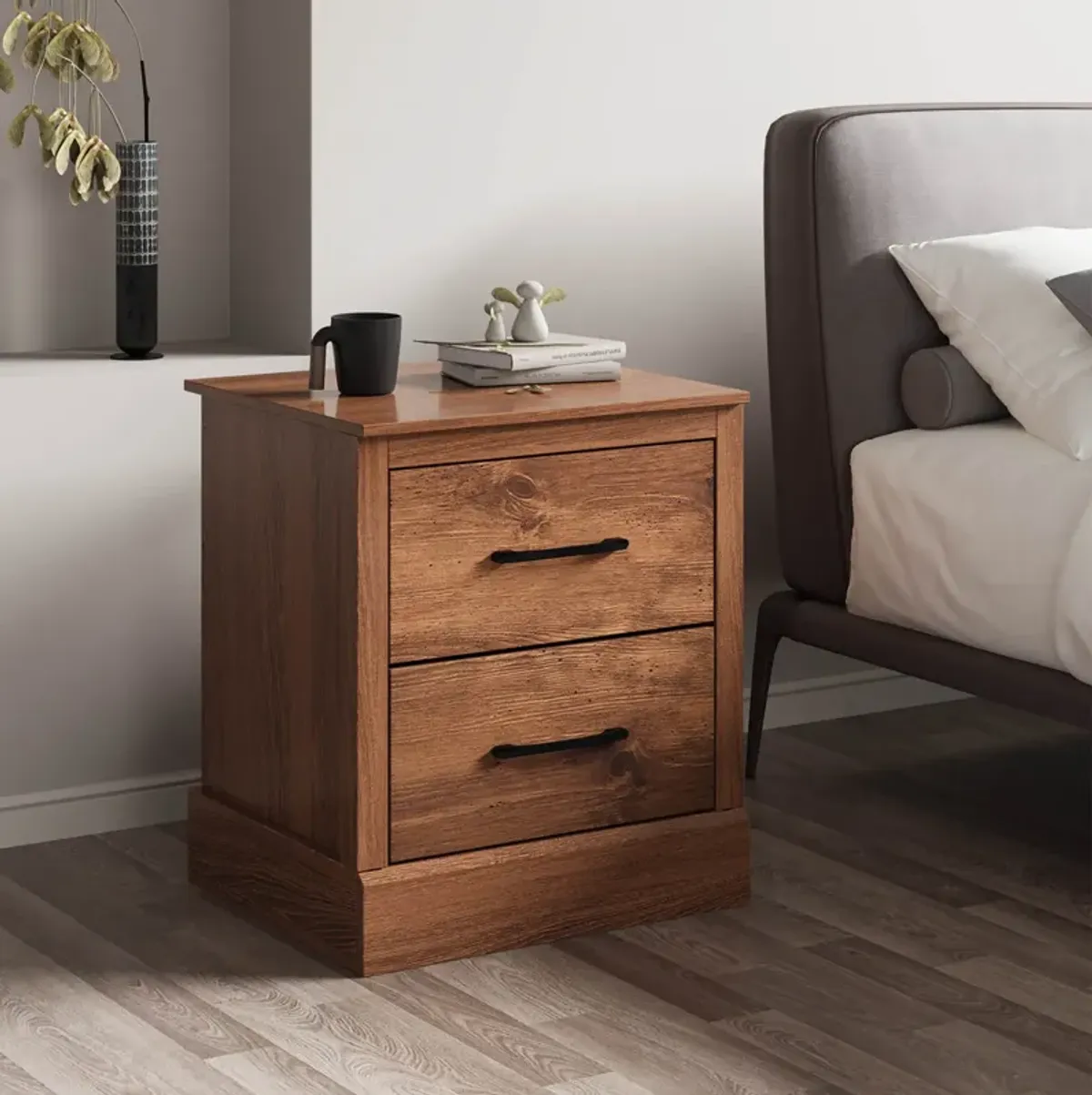 Wood Compact Floor Nightstand with Storage Drawers