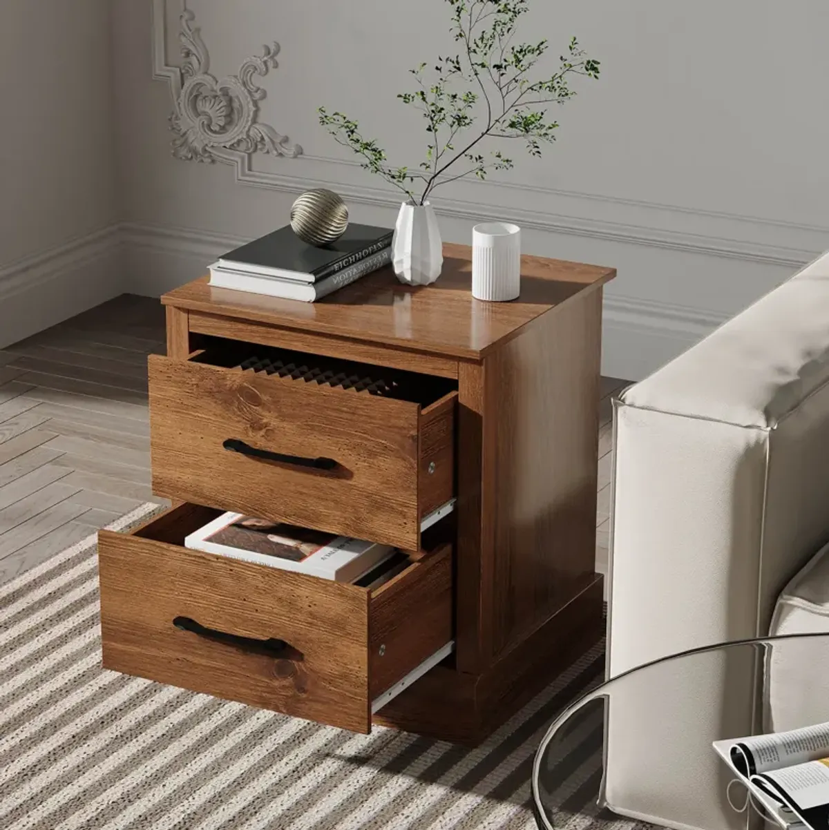 Wood Compact Floor Nightstand with Storage Drawers