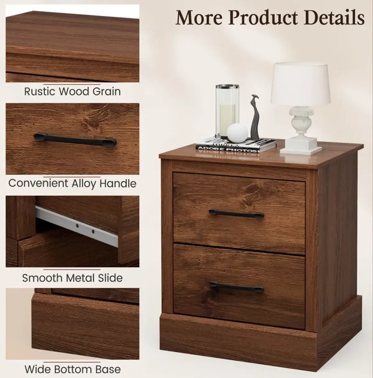 Wood Compact Floor Nightstand with Storage Drawers