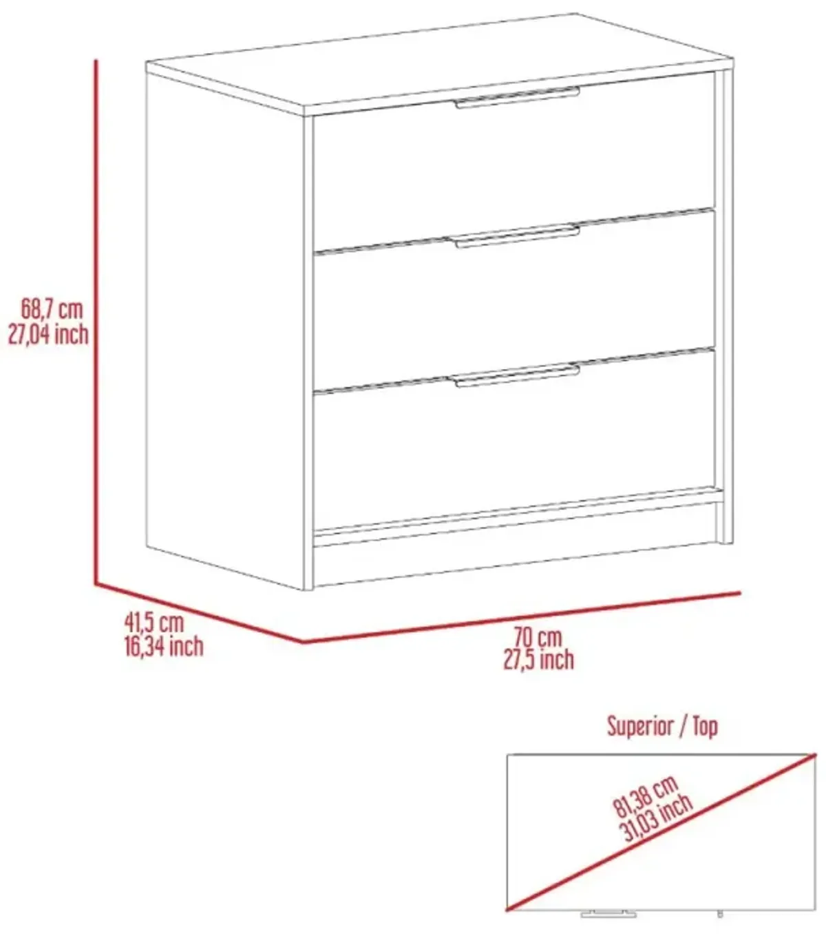 Kaia 3 Drawers Dresser, Superior Top - Light Gray