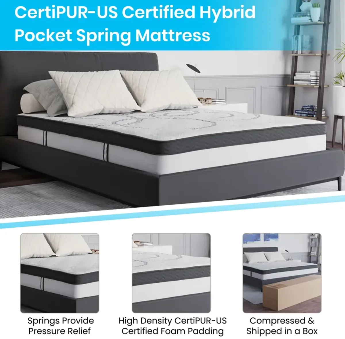 Riverdale Queen Size Tufted Upholstered Platform Bed in Dark Gray Fabric with 10 Inch CertiPUR-US Certified Pocket Spring Mattress