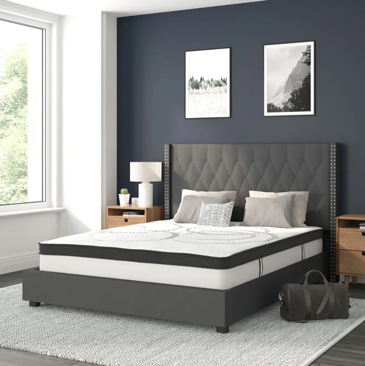 Riverdale Queen Size Tufted Upholstered Platform Bed in Dark Gray Fabric with 10 Inch CertiPUR-US Certified Pocket Spring Mattress