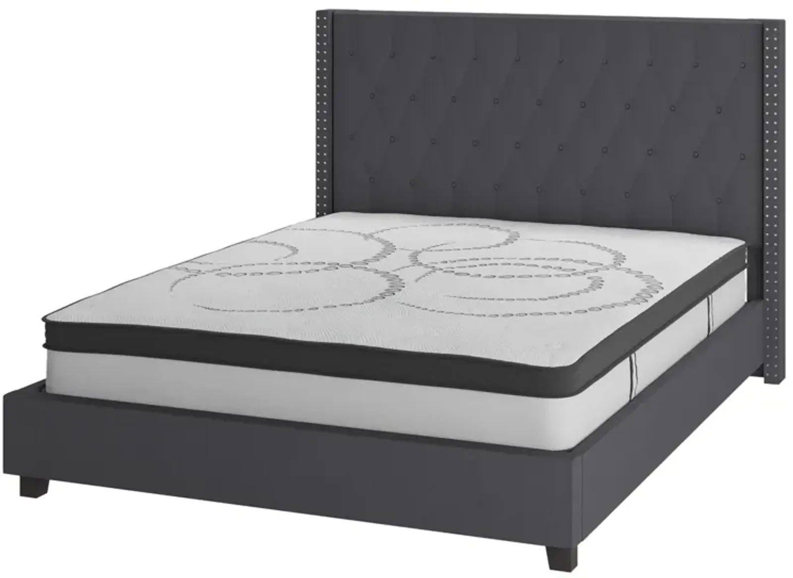 Riverdale Queen Size Tufted Upholstered Platform Bed in Dark Gray Fabric with 10 Inch CertiPUR-US Certified Pocket Spring Mattress