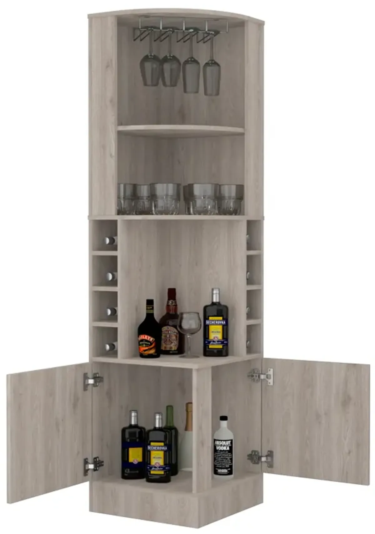 Syrah Corner Bar Cabinet, Eight Bottle Cubbies, Double Door, Two Open Shelves-Black