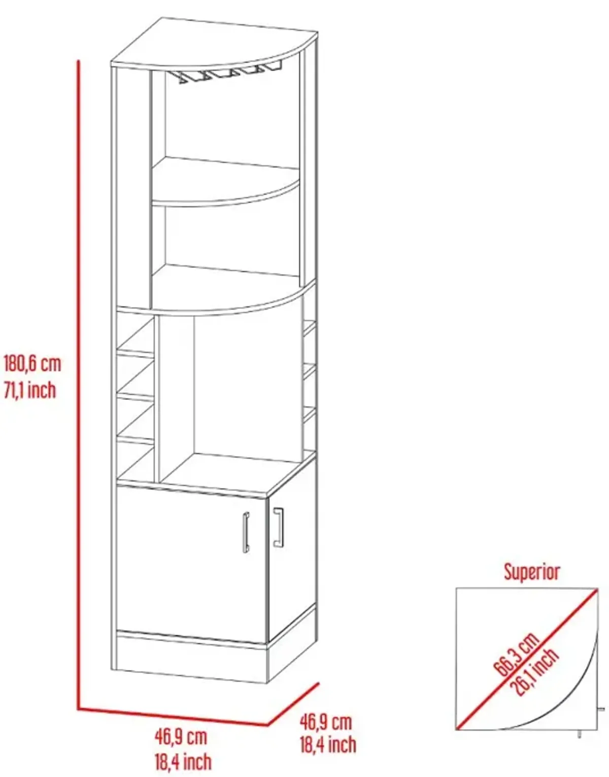 Syrah Corner Bar Cabinet, Eight Bottle Cubbies, Double Door, Two Open Shelves-Black