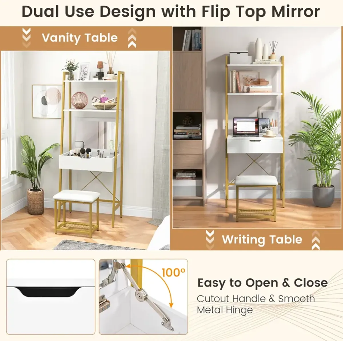 Ladder Vanity Desk Set with Flip Top Mirror and Cushioned Stool