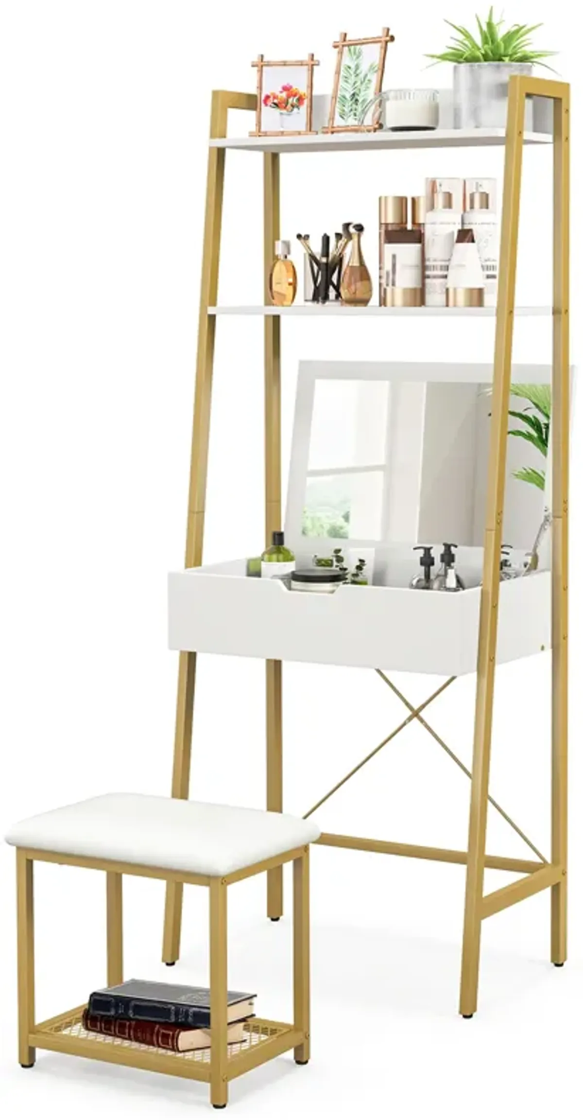 Ladder Vanity Desk Set with Flip Top Mirror and Cushioned Stool