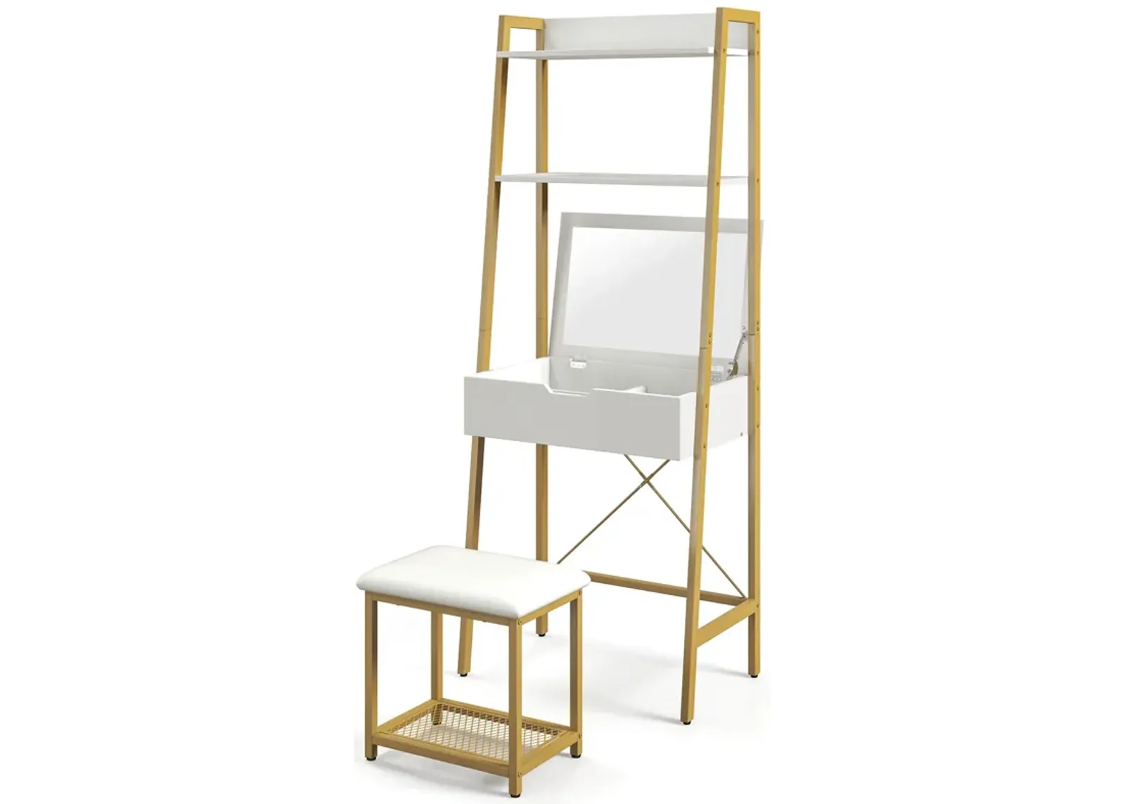 Ladder Vanity Desk Set with Flip Top Mirror and Cushioned Stool