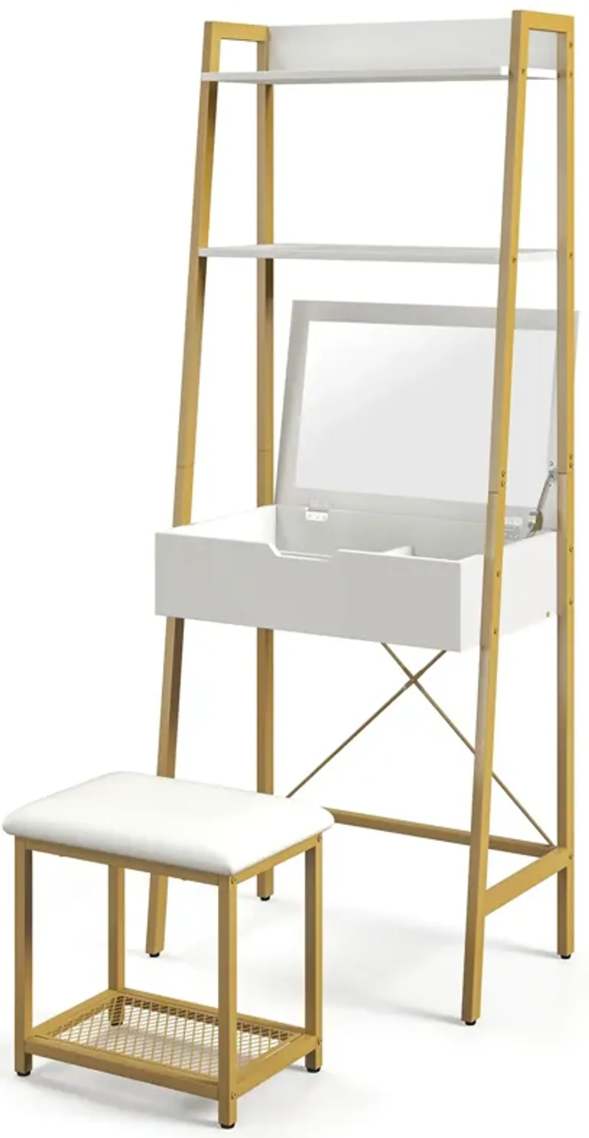 Ladder Vanity Desk Set with Flip Top Mirror and Cushioned Stool