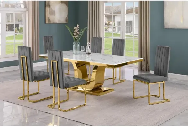 7pc Large(76") marble top dining set with gold base and 6 Dark grey side chairs