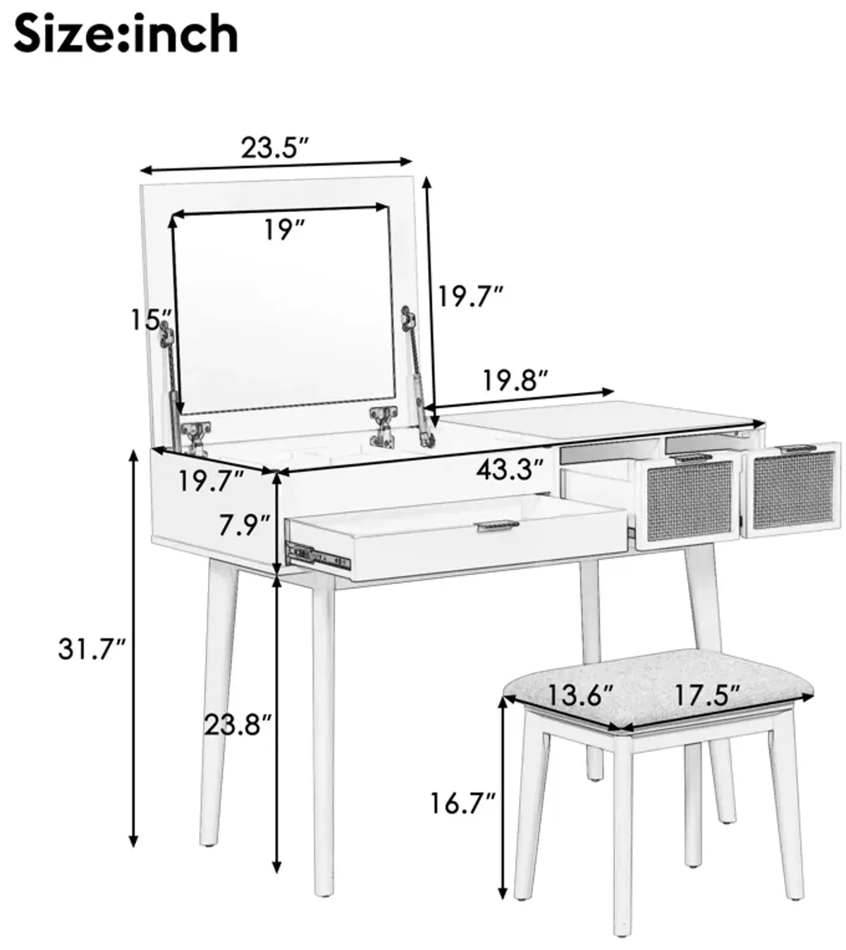 Gewnee Classic Wood Makeup Vanity Set with Flip-top Mirror and Stool