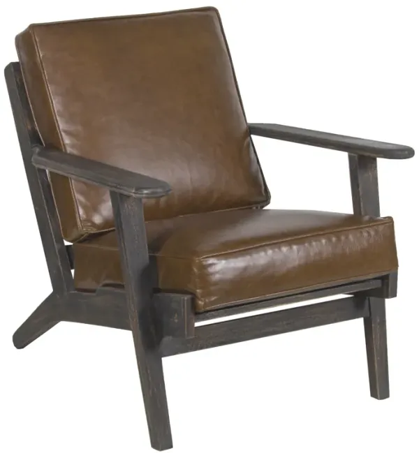 Amber Accent Chair, Handcrafted Slatted Mango Wood, Brown Buffalo Leather Cushions, Angled Legs