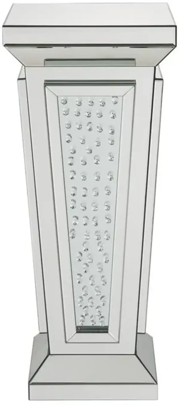 Wood and Mirror Pedestal Stand With Faux Crystals, Silver - Benzara