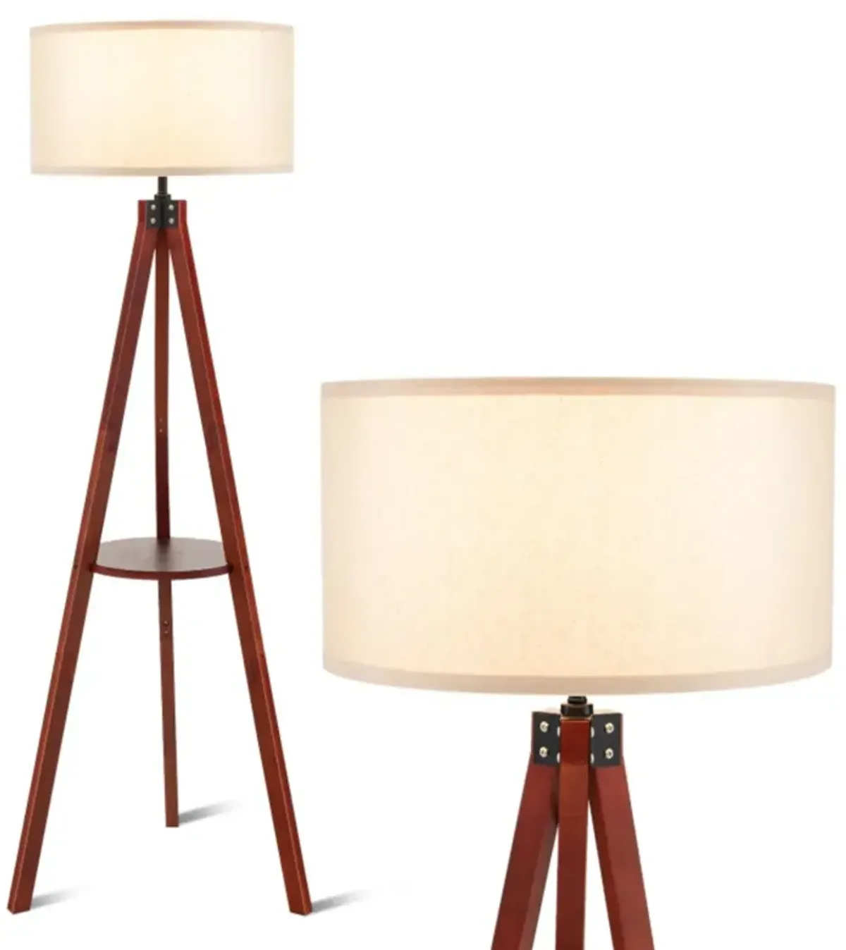 Hivvago Tripod Floor Lamp Wood Standing Lamp with Flaxen Lamp Shade and E26 Lamp Base-Brown