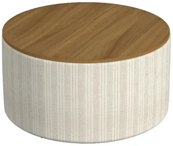 Jena Storage Ottoman, 30 Inch Round Lift Tray Top, Ivory Pinstripes