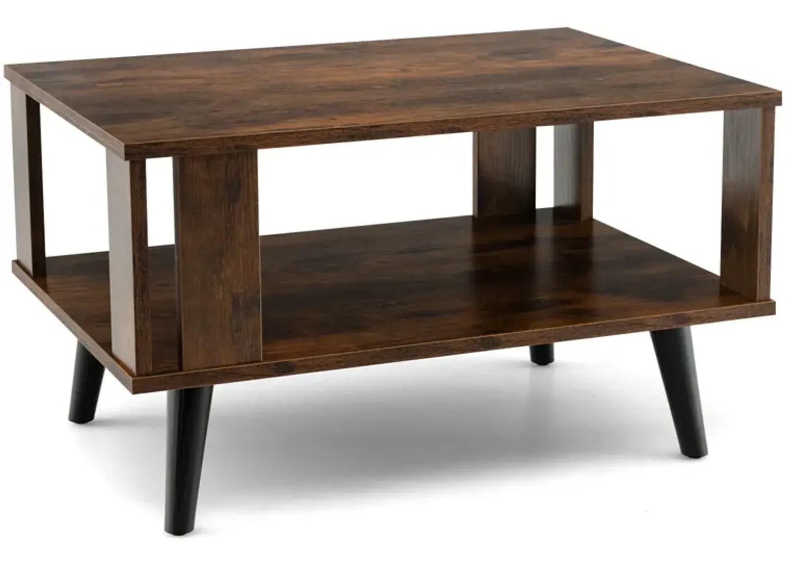 Compact Retro Mid-Century Coffee Table with Storage Open Shelf-Rustic Brown