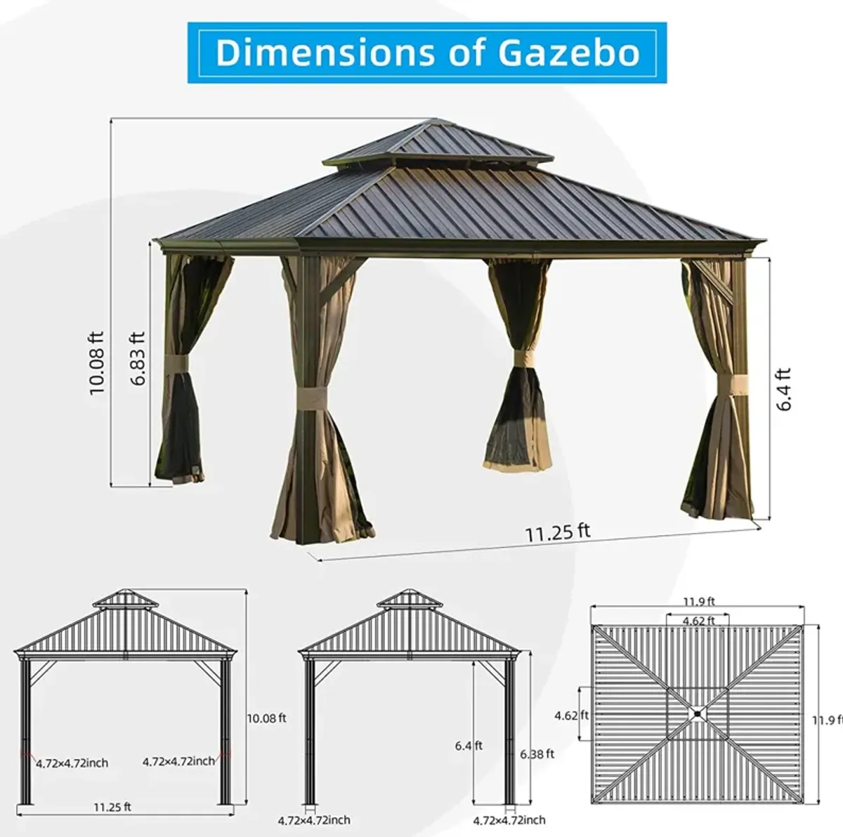 MONDAWE 12x12ft Hardtop Gazebo, Outdoor Aluminum Frame Canopy with Galvanized Steel Double Roof, Outdoor Permanent Metal Pavilion with Curtains and Netting for Patio, Backyard and Lawn(Brown)