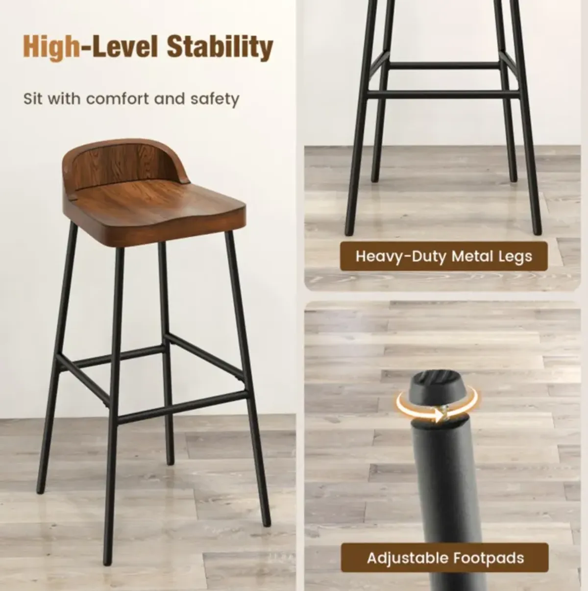 Hivvago Set of 1/2 29 Inch Industrial Bar Stools with Low Back and Footrests