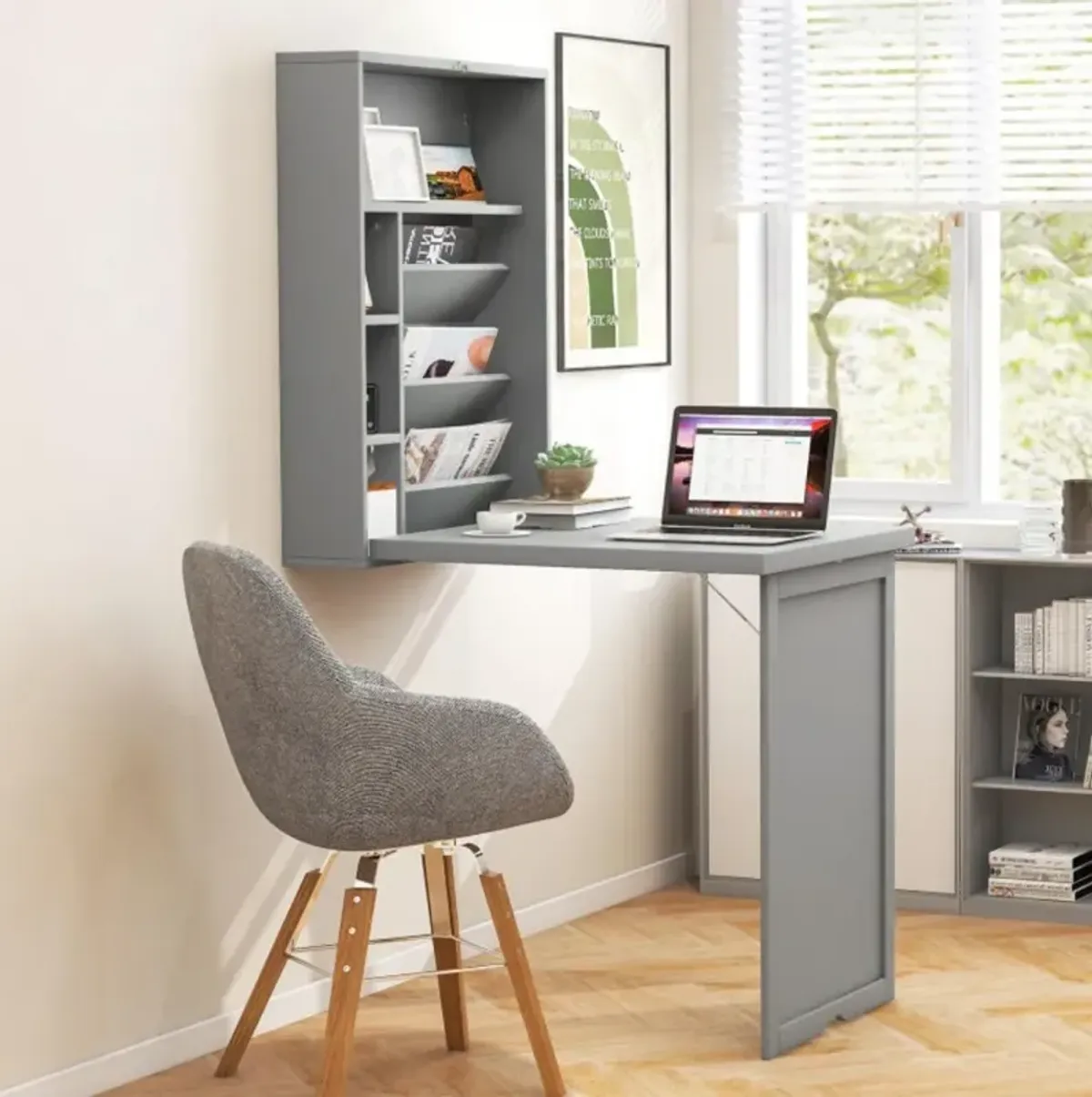 Wall-Mounted Fold-Out Convertible Floating Desk Space Saver