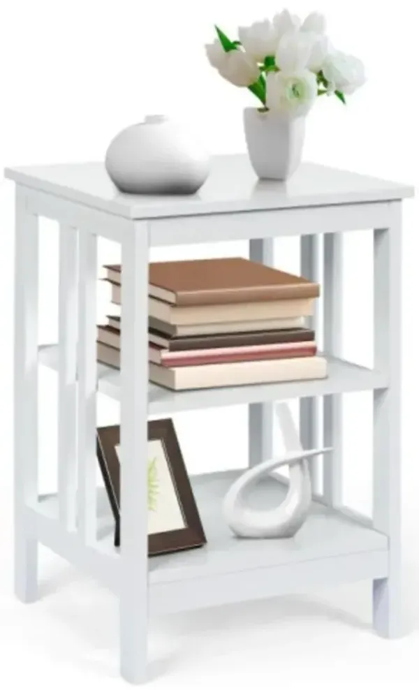 3-Tier Nightstand Sofa Side Table with Baffles and Round Corners-White