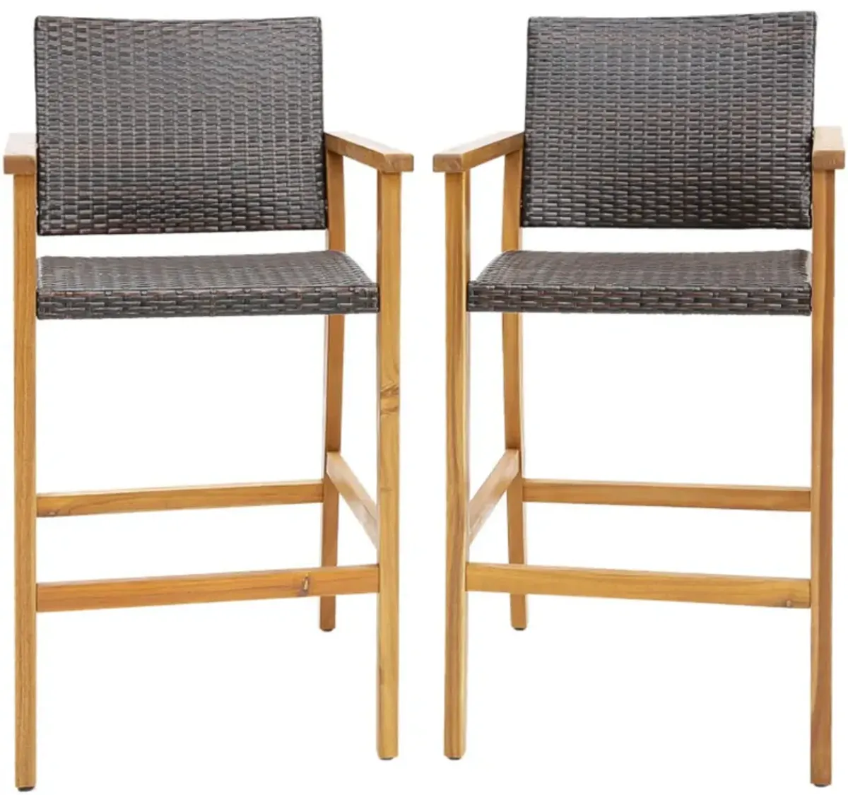 Hivvago Set of 2 PE Wicker Patio Bar Chairs with Acacia Wood Armrests-Set of 2