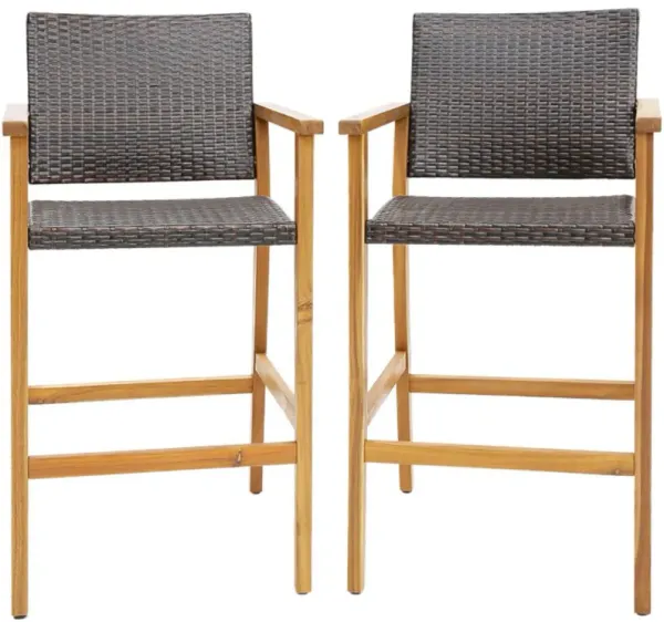 Hivvago Set of 2 PE Wicker Patio Bar Chairs with Acacia Wood Armrests-Set of 2