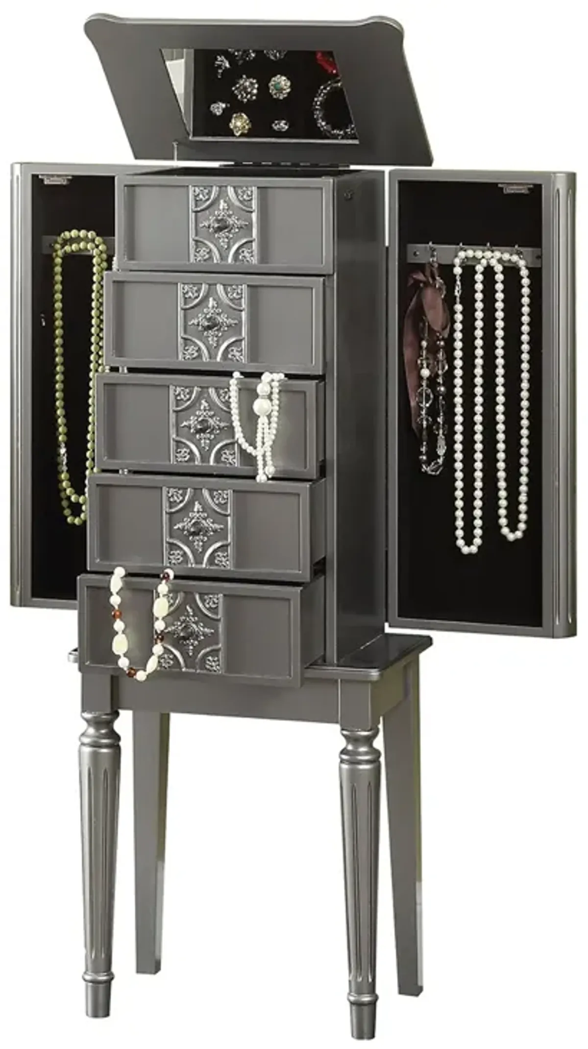 Wood Jewelry Armoire With 5 Drawers in Silver-Benzara