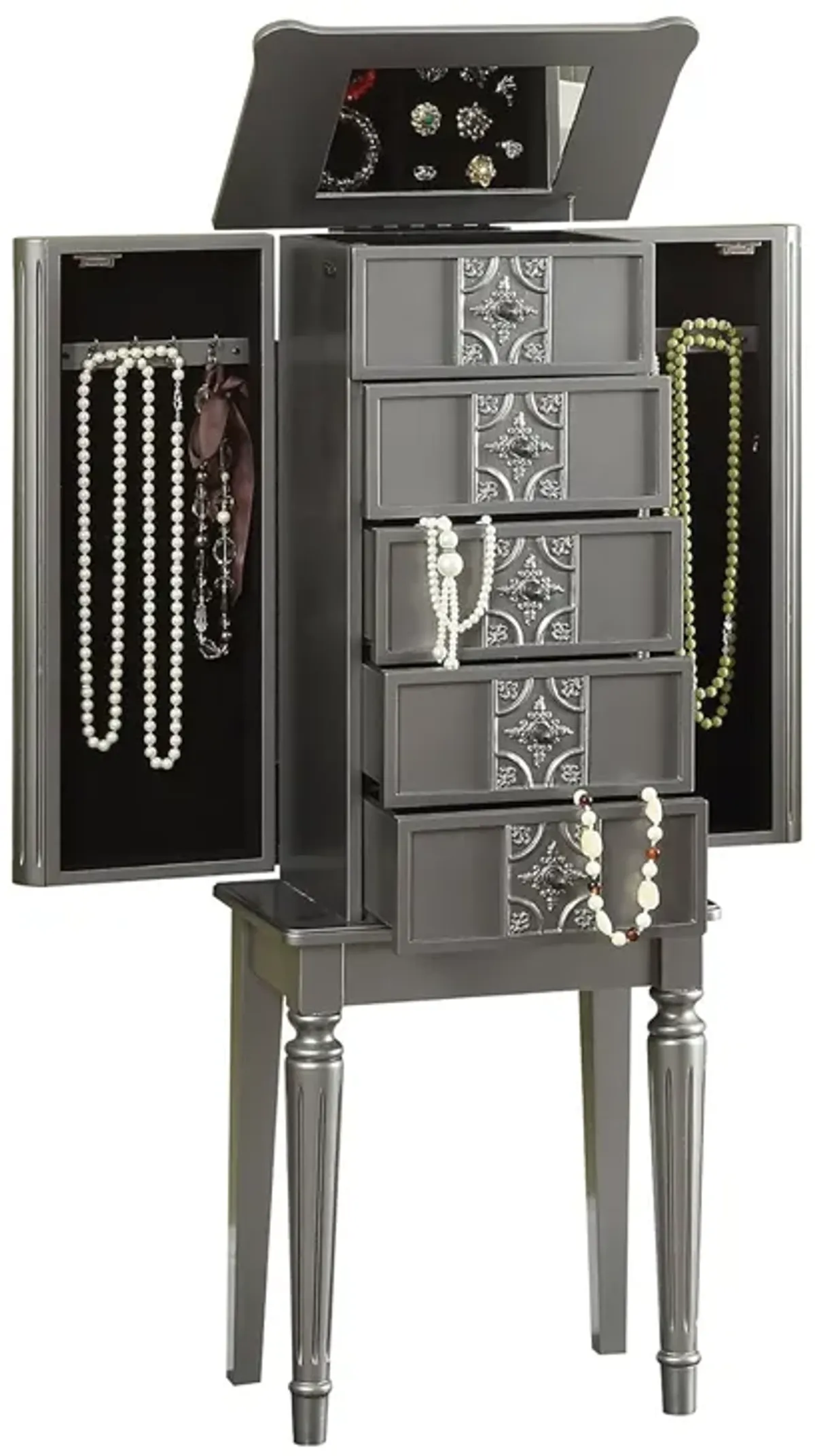 Wood Jewelry Armoire With 5 Drawers in Silver-Benzara