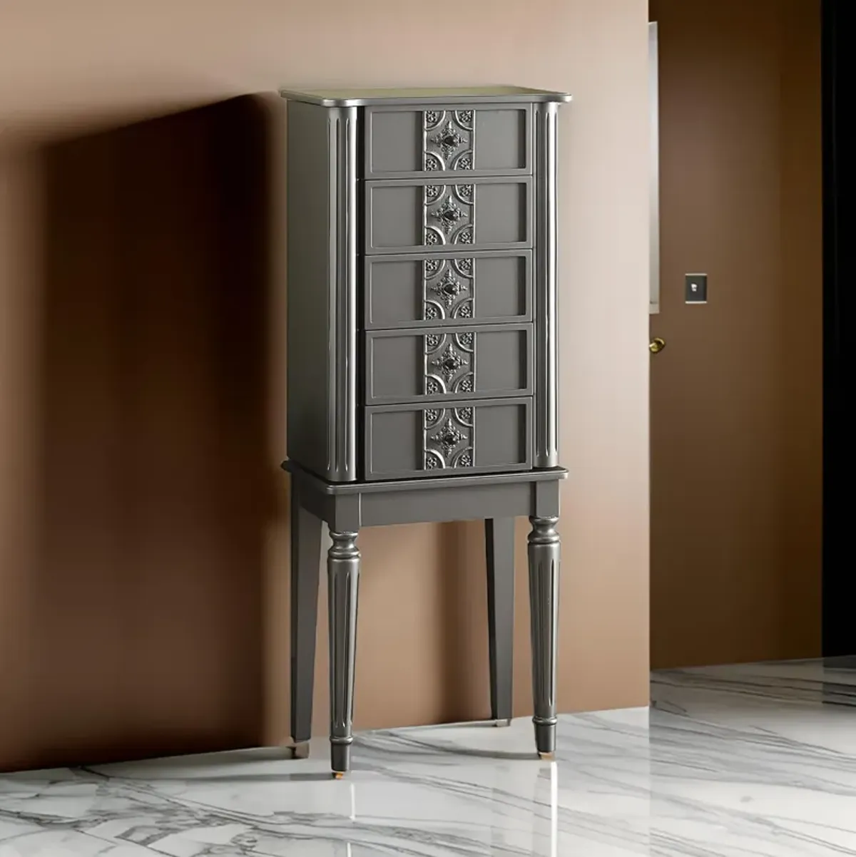 Wood Jewelry Armoire With 5 Drawers in Silver-Benzara