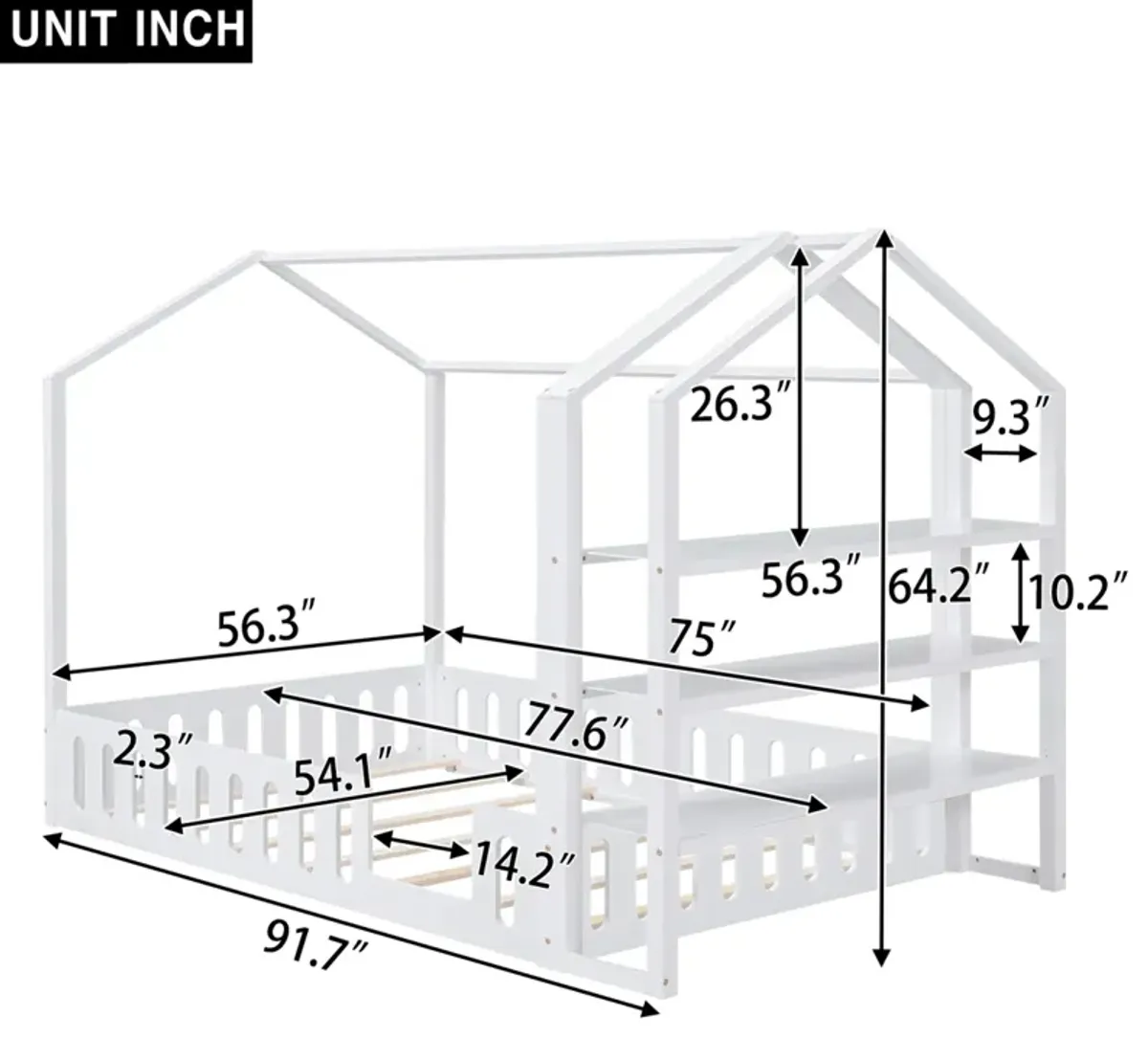 Full Size Wood House Bed With Fence And Detachable Storage Shelves