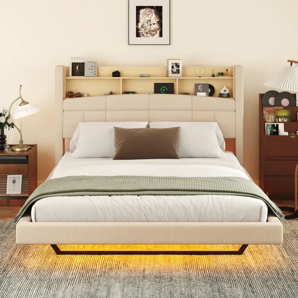 Merax Upholstered Floating Bed with LED and Storage Headboard