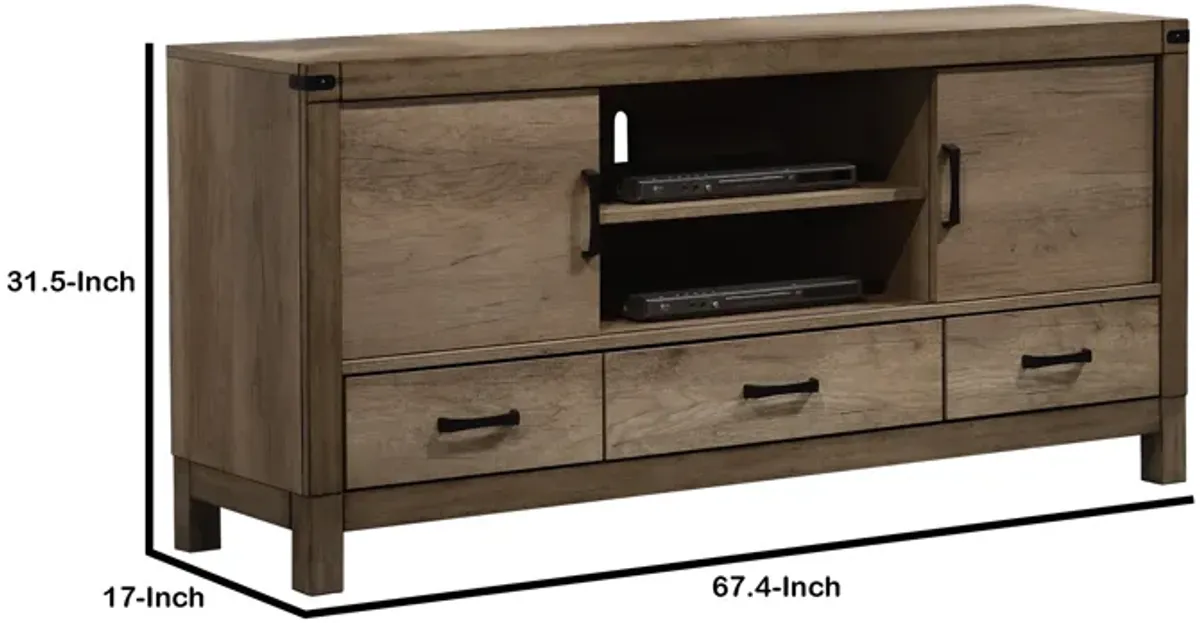 3 Drawer Wooden TV Stand with 2 Cabinets and Open Compartment, Light Brown - Benzara