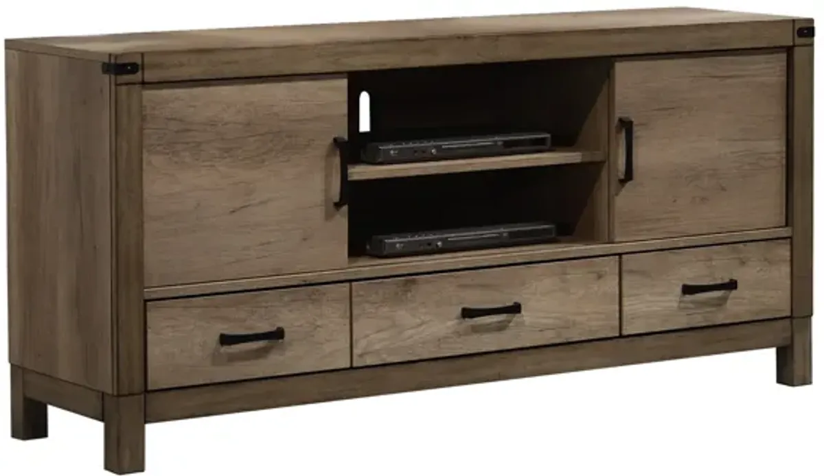 3 Drawer Wooden TV Stand with 2 Cabinets and Open Compartment, Light Brown - Benzara