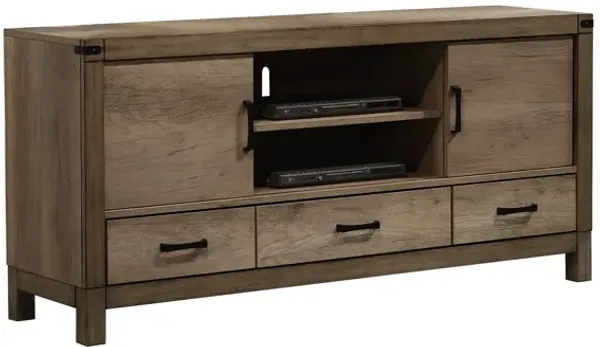 3 Drawer Wooden TV Stand with 2 Cabinets and Open Compartment, Light Brown - Benzara