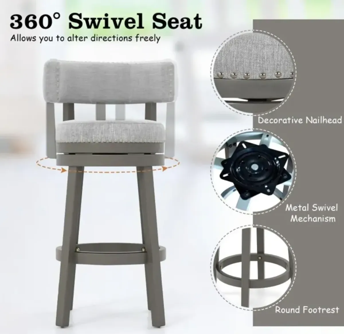 Hivvago 27/31 Inch Swivel Bar Stool with Upholstered Back Seat and Footrest