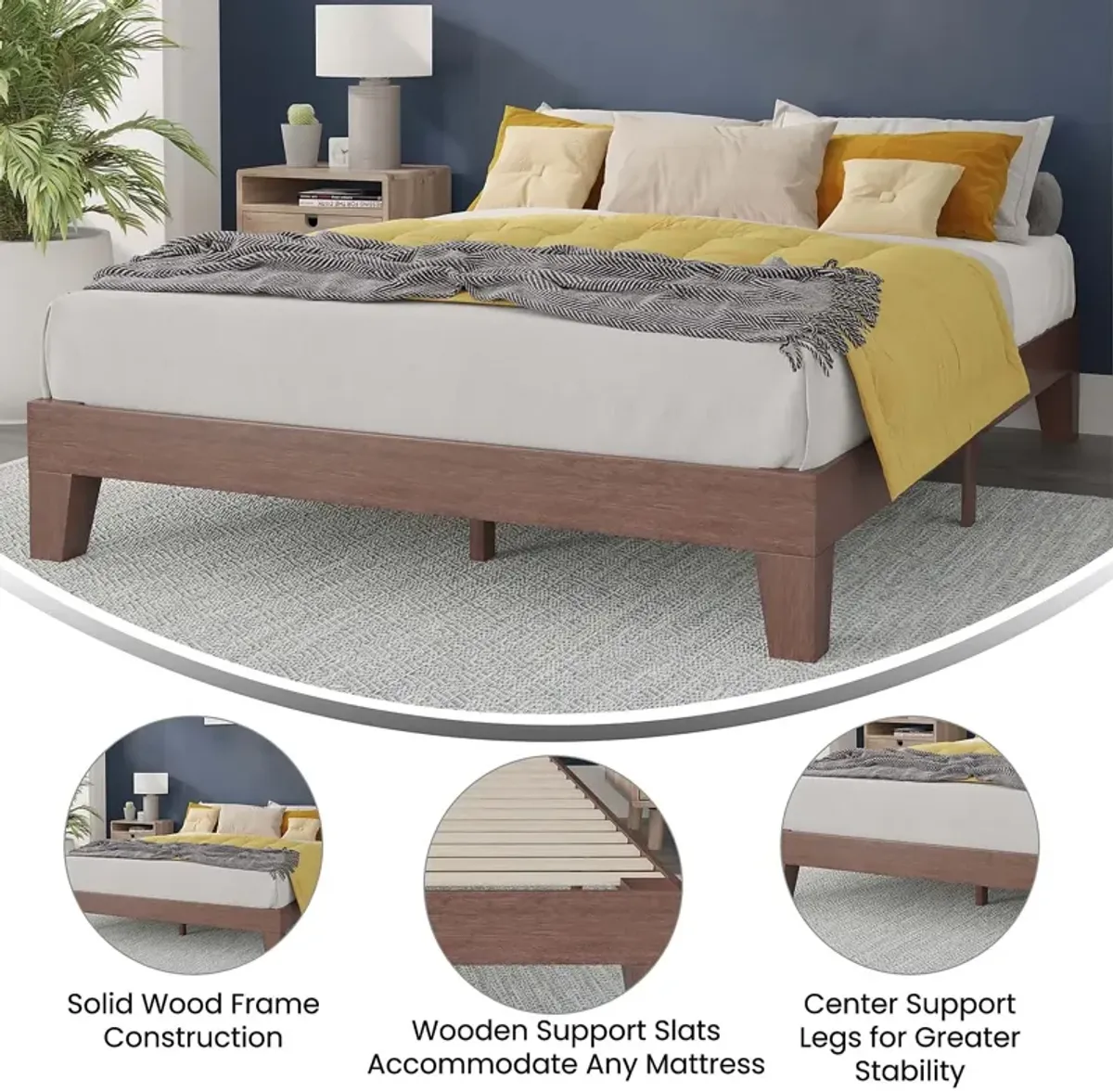 Flash Furniture Evelyn Wooden Platform Bed - Walnut Finish - Queen - Wooden Slat Support - No Box Spring Required - Easy Assembly