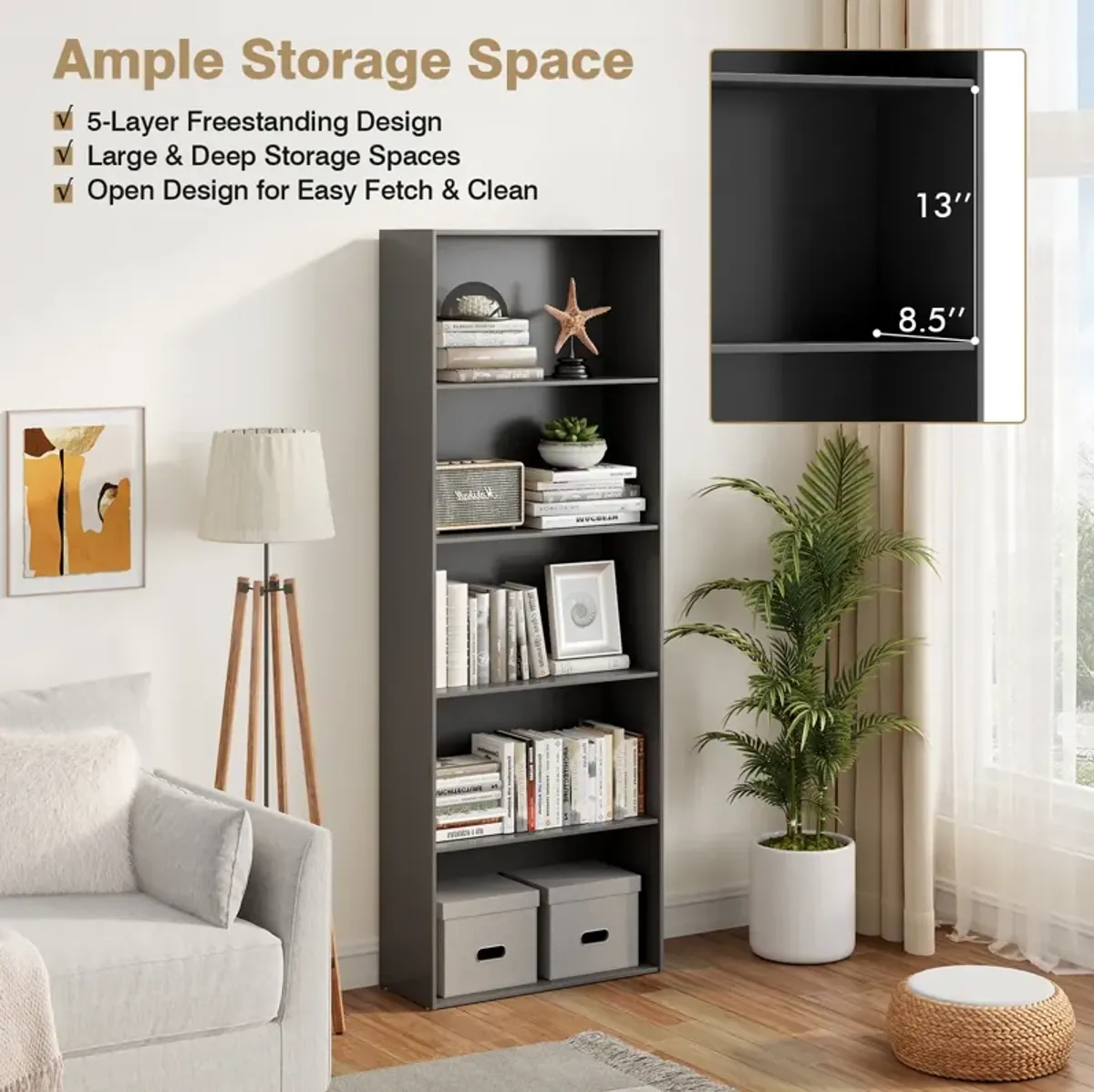 5-Shelf Storage Bookcase Modern Multi-Functional Display Cabinet Furniture