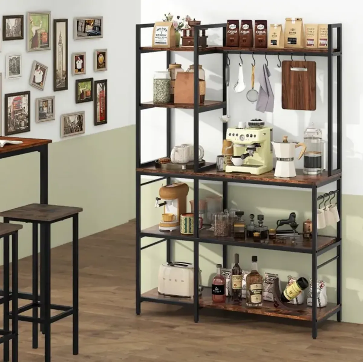 5-Tier Bakers Rack with Power Outlets and 10 S-Shaped Hooks