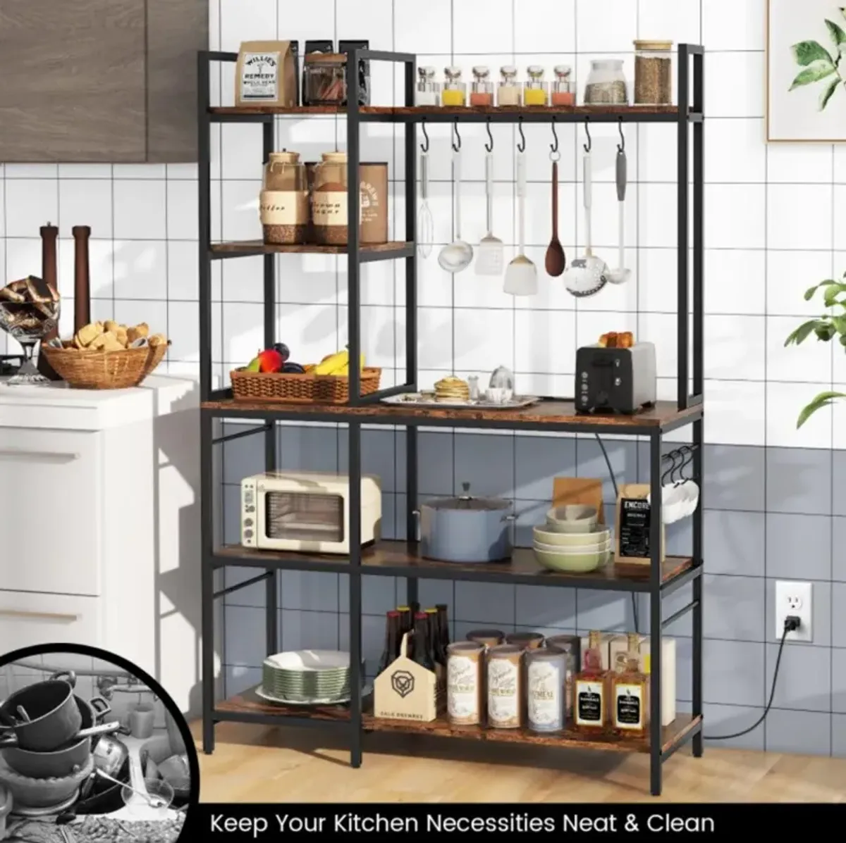 5-Tier Bakers Rack with Power Outlets and 10 S-Shaped Hooks