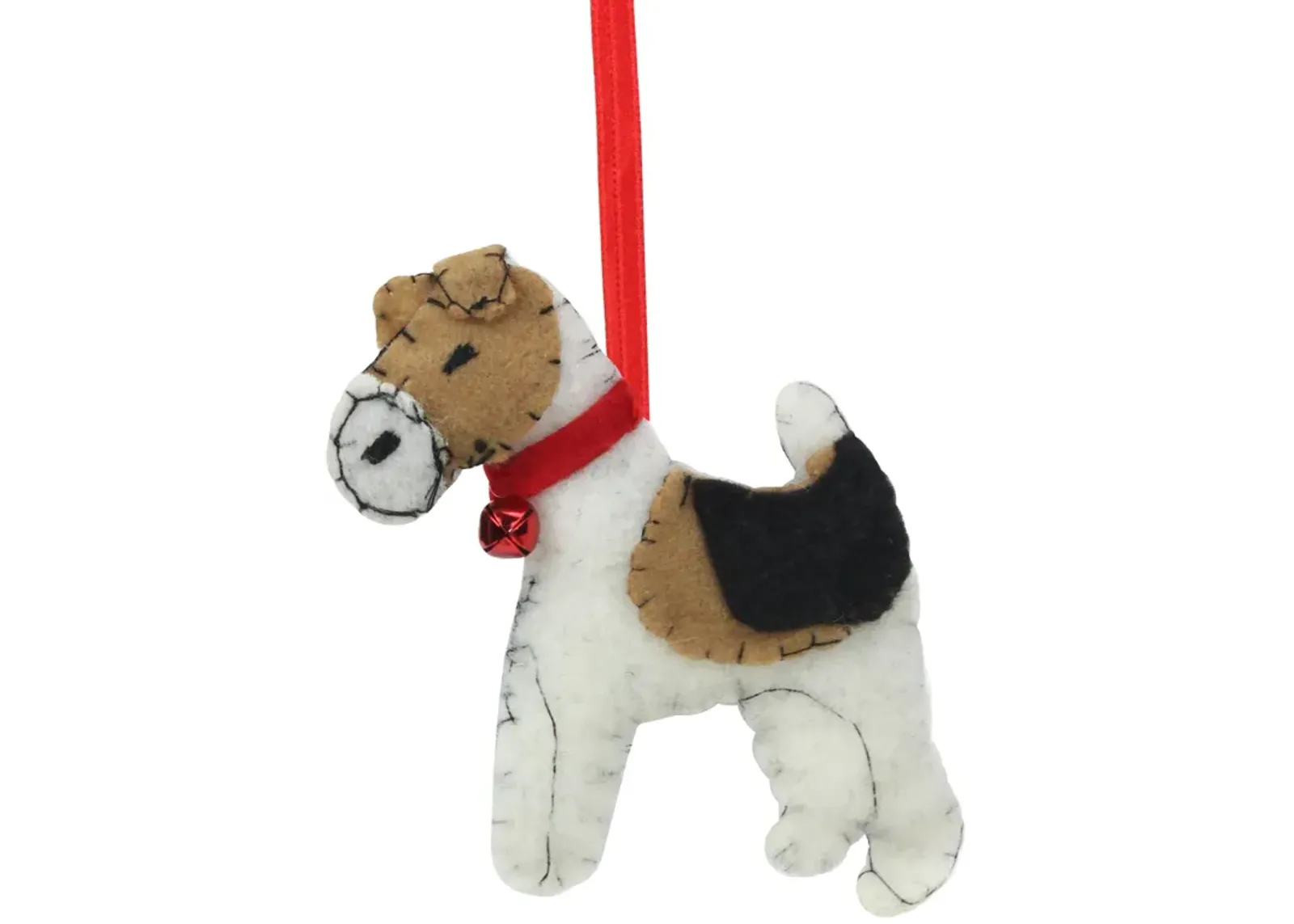 5" White and Brown Dog with Jingle Bell Hanging Christmas Ornament