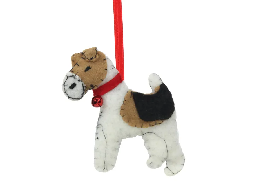 5" White and Brown Dog with Jingle Bell Hanging Christmas Ornament