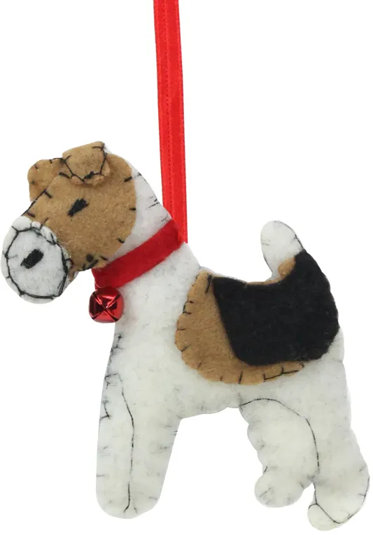 5" White and Brown Dog with Jingle Bell Hanging Christmas Ornament