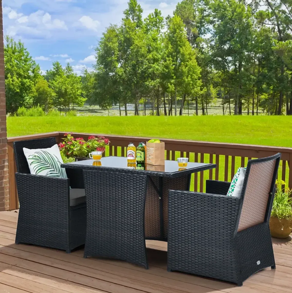 3 Pieces Patio Rattan Furniture Set with Cushion and Sofa Armrest