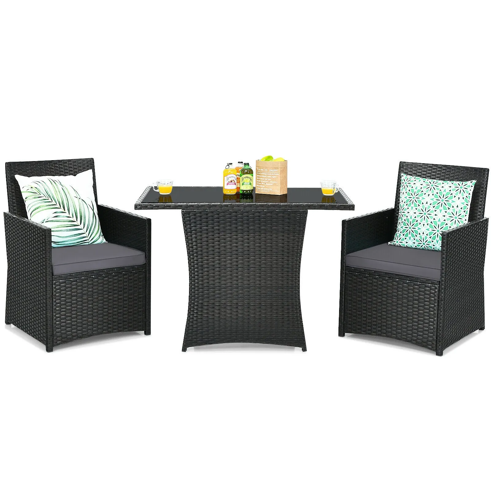 3 Pieces Patio Rattan Furniture Set with Cushion and Sofa Armrest