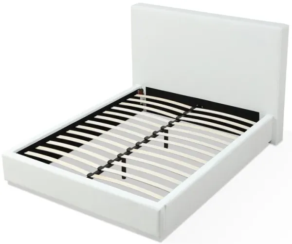 Uma King Size Platform Bed, Tall Panel Headboard, Cream Canvas Upholstery - Benzara