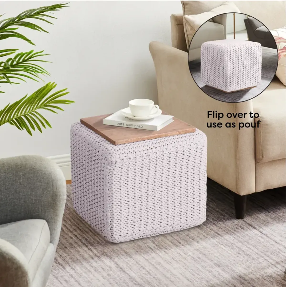 Loft Lyfe Joana Cotton Yarn 3-in-1 Pouf/Ottoman/End Table